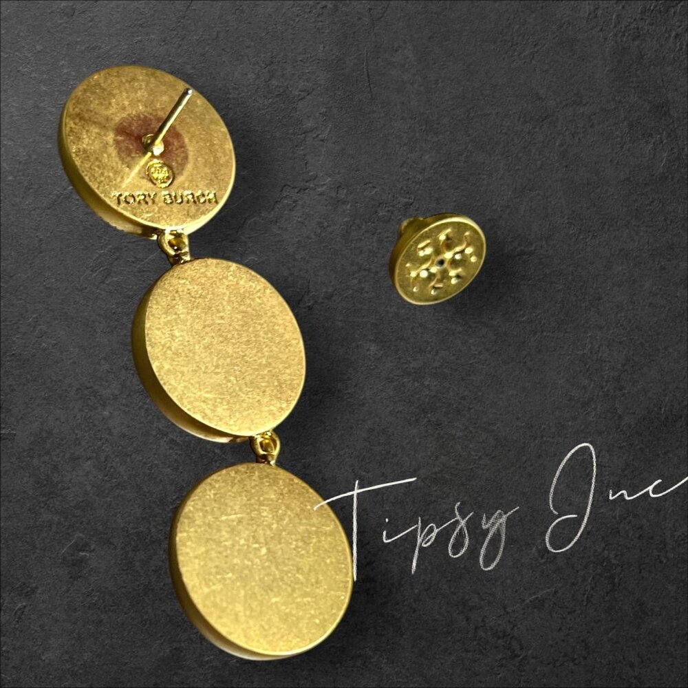 Tory Burch Mother of Pearl Gold Logo Drop Earrings - Picture 4 of 6